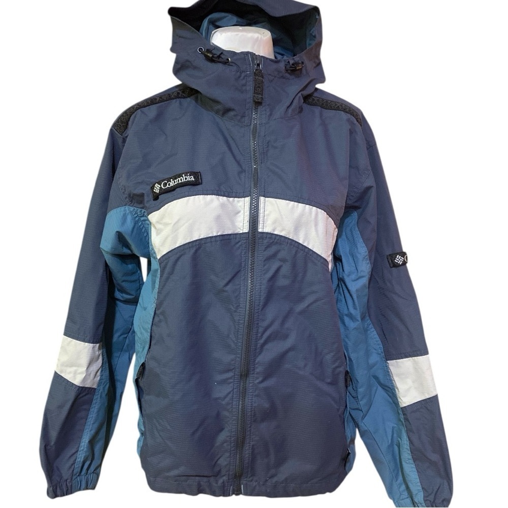 Columbia Blue and White Raincoat Weather-Resistant Hooded Design Sz S